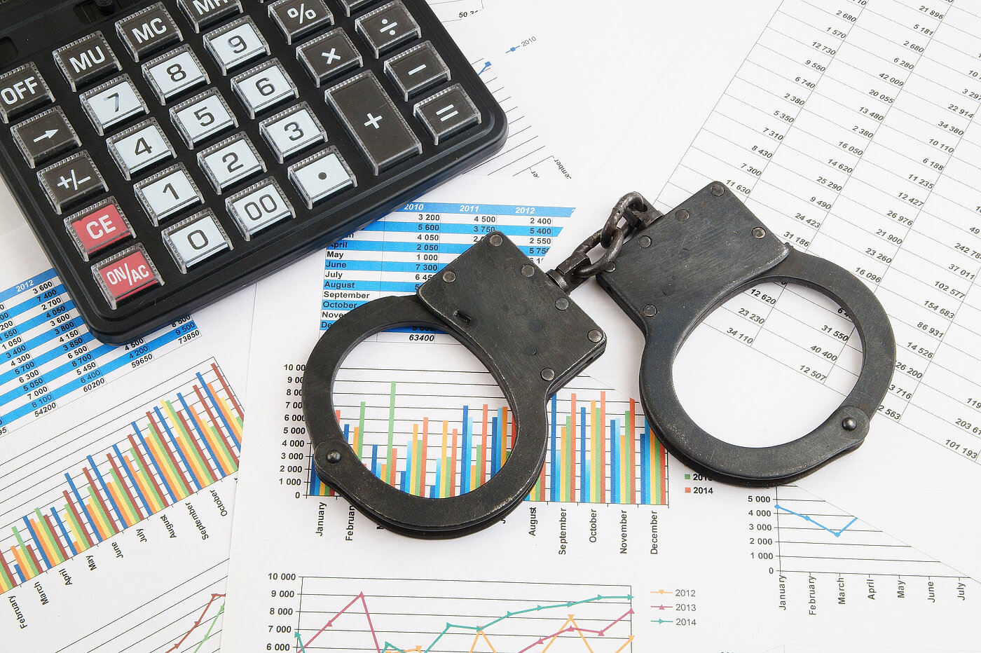 Financial fraud concept, calculator and handcuffs on financial documents
