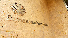 Berlin / Germany - July 22, 2017: Entrance of the new headquarters of Federal Intelligence Service - German: Bundesnachrichtendienst, BND - in Berlin